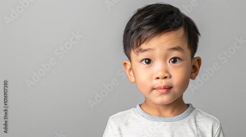 A young boy with short dark hair and an innocent expression, wearing a light gray shirt, looks directly at the camera against a neutral gray background.