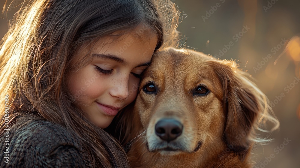 A girl with long hair gently hugs her golden retriever, both basking in the warm glow of the evening light. The bond between them is evident in this tender moment A girl with long hair gently hugs her golden retriever, both basking in the warm glow of the evening light. The bond between them is evident in this tender moment