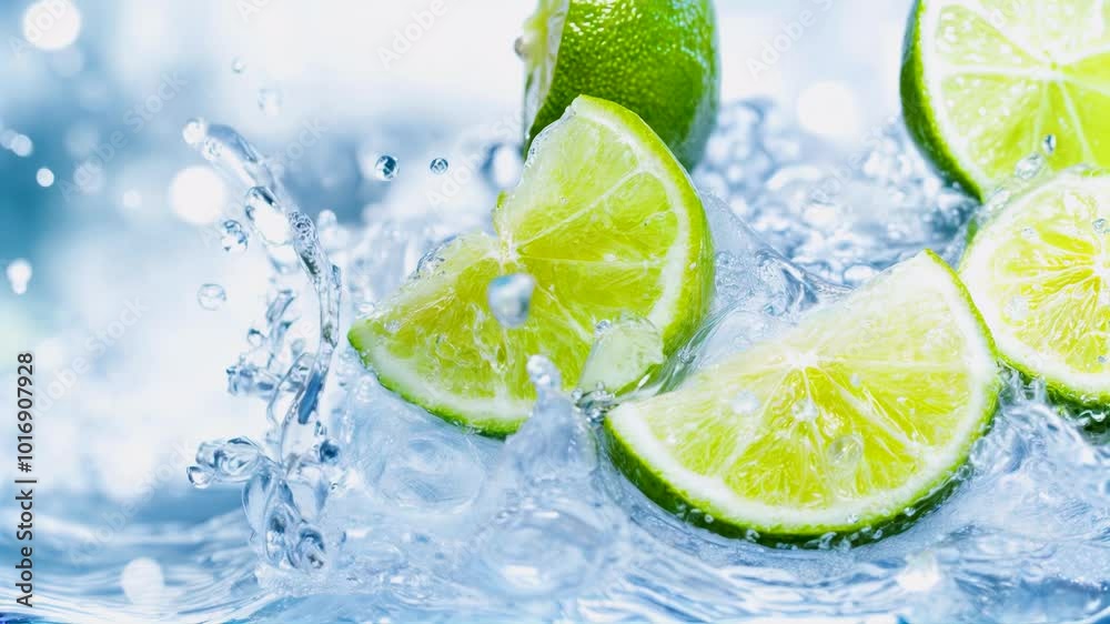 Fresh lime slices splash into sparkling water creating a refreshing summer drink experience