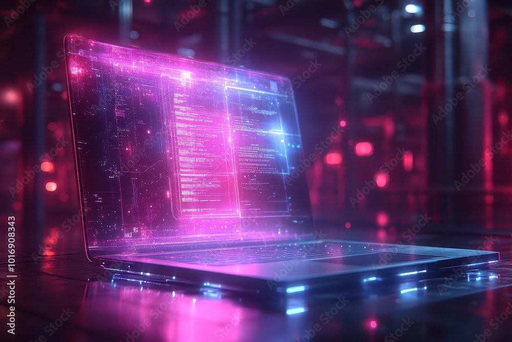 futuristic digital workspace with holographic file folder interface floating above sleek laptop bathed in ethereal blue light futuristic digital workspace with holographic file folder interface floating above sleek laptop bathed in ethereal blue light