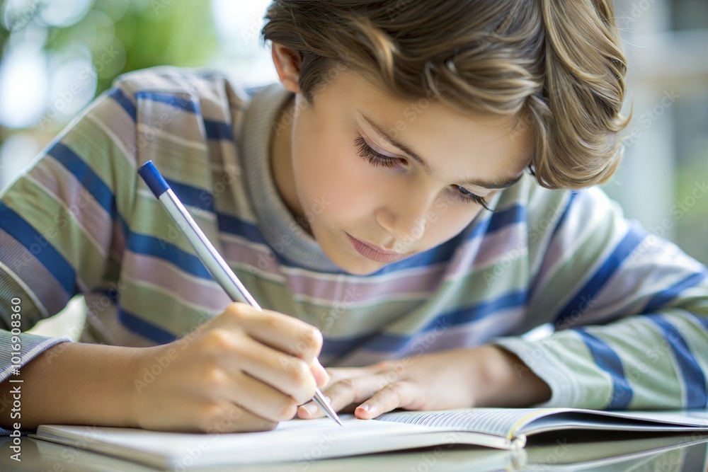 Young boy writing in notebook focused and studious Young boy writing in notebook focused and studious