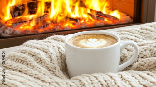 A cozy winter fireplace with hot drinks and knitted blankets