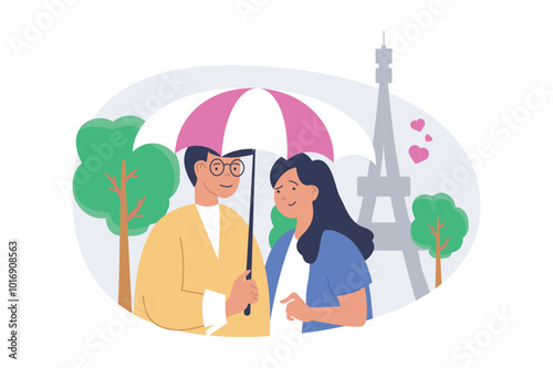 Travel concept in modern flat design for web. Woman and man going in romantic trip to Paris, sightseeing French landmark architecture, enjoying honeymoon vacation in Europa. Vector illustration.