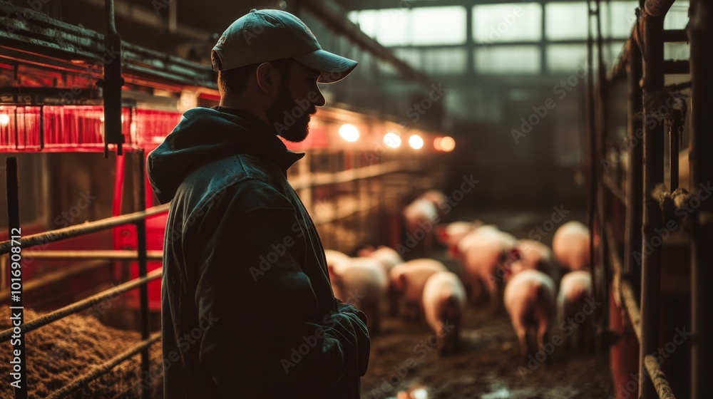 Farmer checking on piglets in their nursery, ensuring they have ample food and water Farmer checking on piglets in their nursery, ensuring they have ample food and water