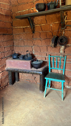 Wood stove with iron pots photo