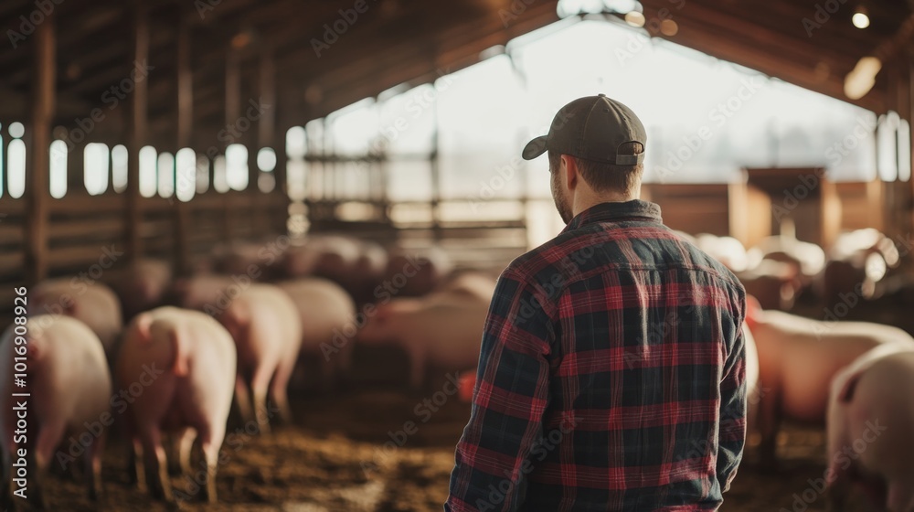 Farmer monitoring breeding stock pigs in their spacious barn, ensuring their well-being Farmer monitoring breeding stock pigs in their spacious barn, ensuring their well-being