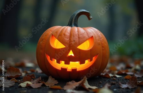 Close up view of scary Halloween pumpkin with eyes glowing inside at blurred forest background