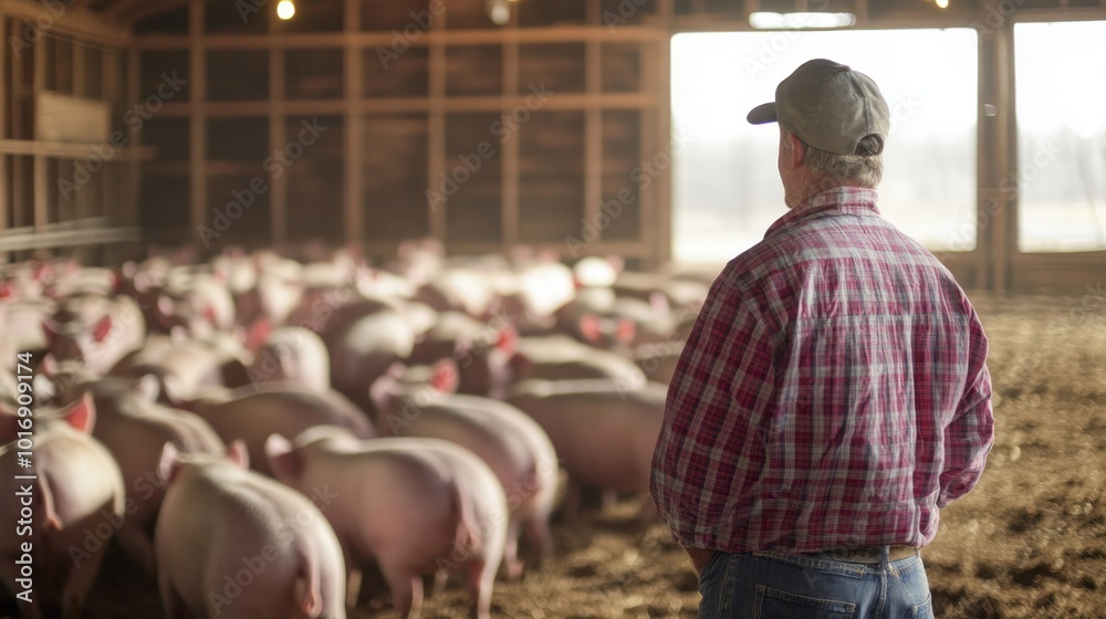 Farmer observing breeding stock pigs in their barn, emphasizing animal welfare practices Farmer observing breeding stock pigs in their barn, emphasizing animal welfare practices