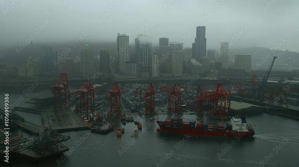 Foggy Harbor Scene with Cranes and City Skyline Foggy Harbor Scene with Cranes and City Skyline