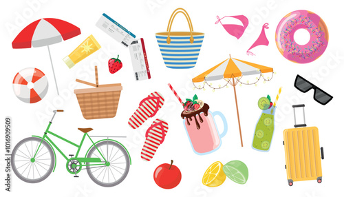 Set of summer symbols in cartoon style.Beautiful vector illustration: beach umbrella, ball, sunscreen, tickets, basket, bag, swimsuit, donut, flip flops, cocktails,sunglasses,suitcase,bicycle,fruits.