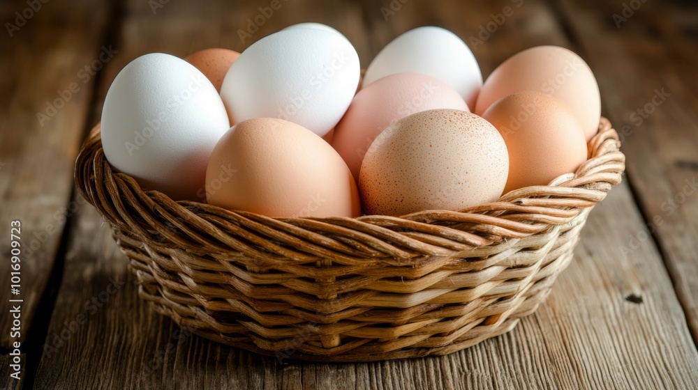 Fresh poultry chicken eggs arranged in a traditional woven basket, symbolizing farm-fresh goodness Fresh poultry chicken eggs arranged in a traditional woven basket, symbolizing farm-fresh goodness