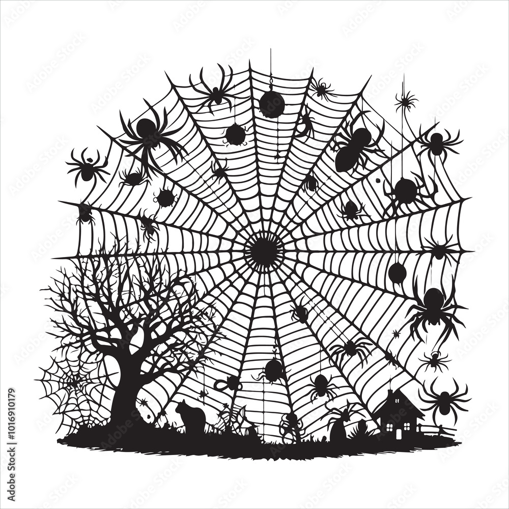 Fototapeta premium Halloween spider web and spiders silhouette on white background 
