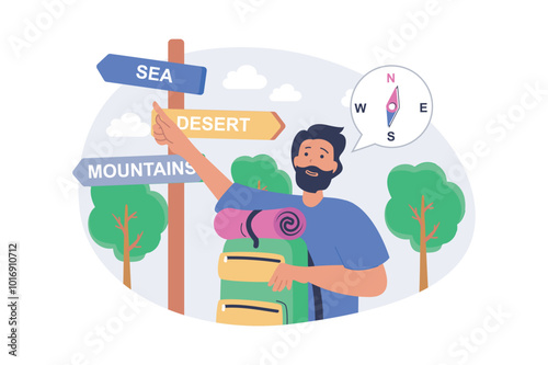 Travel concept in modern flat design for web. Man with backpack hiking and trekking, choosing his camping destination by wood signboard with routes to mountains, desert or sea. Vector illustration.
