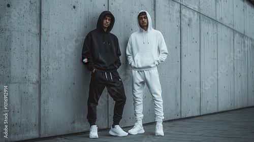 In an urban environment, two young men stand confidently against a textured concrete wall, wearing contrasting hooded sweatshirts and casual athletic wear