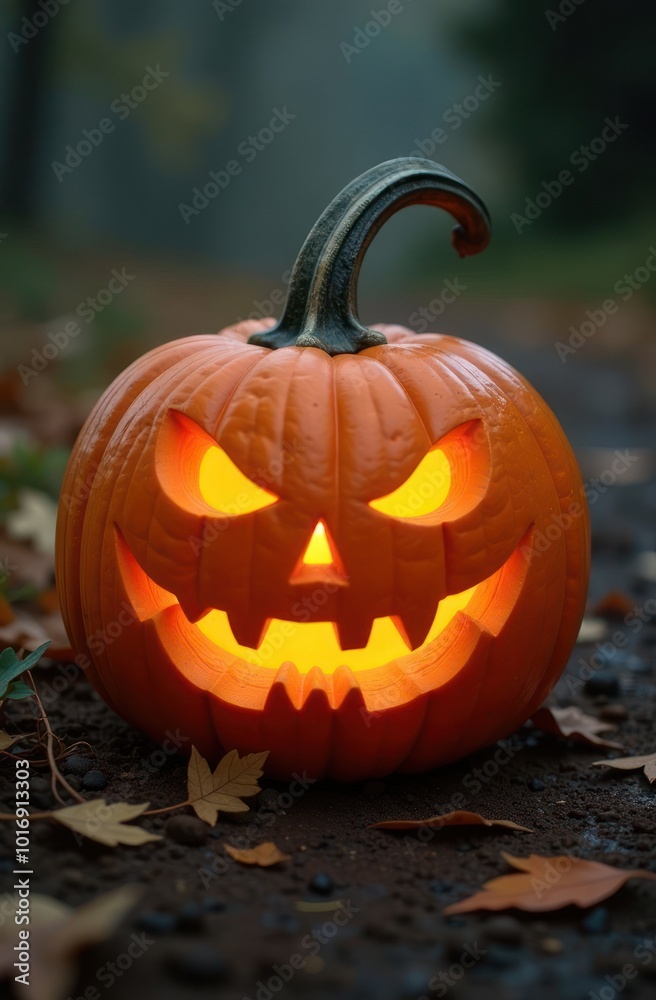 Close up view of scary Halloween pumpkin with eyes glowing inside at blurred forest background Close up view of scary Halloween pumpkin with eyes glowing inside at blurred forest background