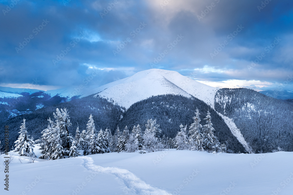 Obraz premium Fantastic winter landscape with snowy trees and snowy peaks. Carpathian mountains, Ukraine. Christmas holiday background. Landscape photography