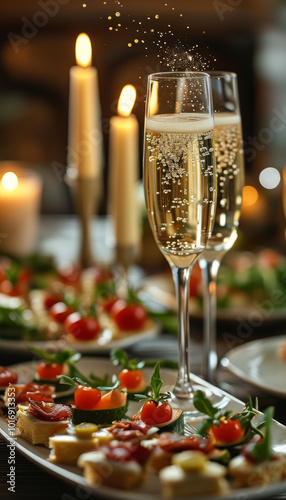 Festive Table with Champagne and Christmas Canapés. Holiday Celebration with Champagne and Appetizers. Elegant Champagne Glasses and Holiday Table Setting
