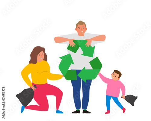 happy family holding recycle sign waste sorting ecology concept vector illustration