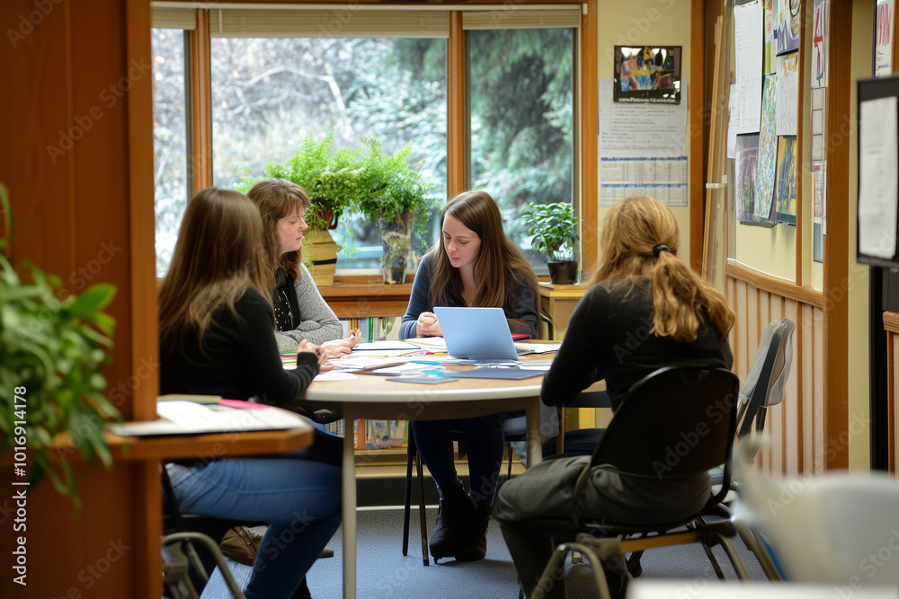 Teachers work together on collaborative lesson plans in a bright and inviting classroom setting Teachers work together on collaborative lesson plans in a bright and inviting classroom setting