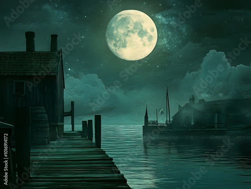 A tranquil night scene with a glowing moon reflecting on calm waters, creating a serene atmosphere near a rustic dock.