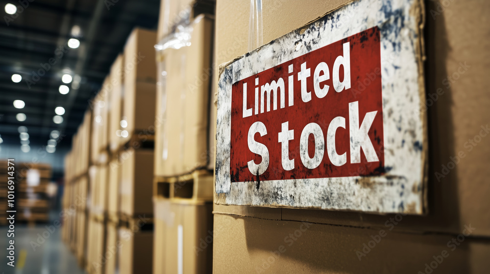Obraz premium Weathered limited stock signs guide the way in a bustling warehouse environment filled with boxes and supplies