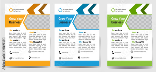Corporate business flyer template design set with blue geometric shapes , magenta, red and yellow color. marketing, business proposal, promotion, advertise, publication , Modern flyer design vector te