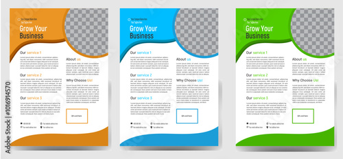 business flyer template design set with blue geometric shapes , magenta, red and yellow color. marketing, business proposal, promotion, advertise, 