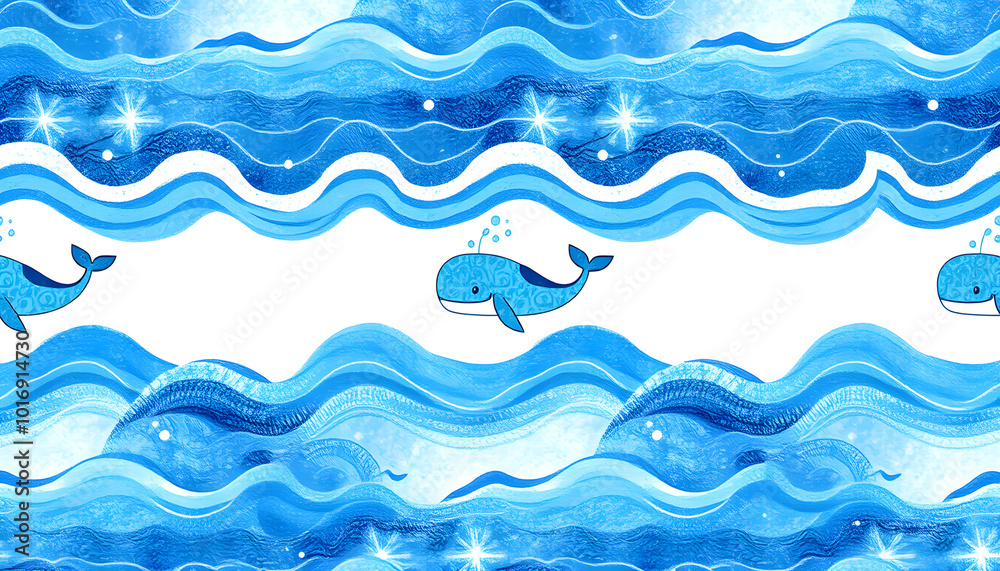 Seamless pattern with waves and whale. Childish texture for fabric, textile in blue colors. Hand drawn background. Watercolor seamless pattern isolated with white highlights, png Seamless pattern with waves and whale. Childish texture for fabric, textile in blue colors. Hand drawn background. Watercolor seamless pattern isolated with white highlights, png