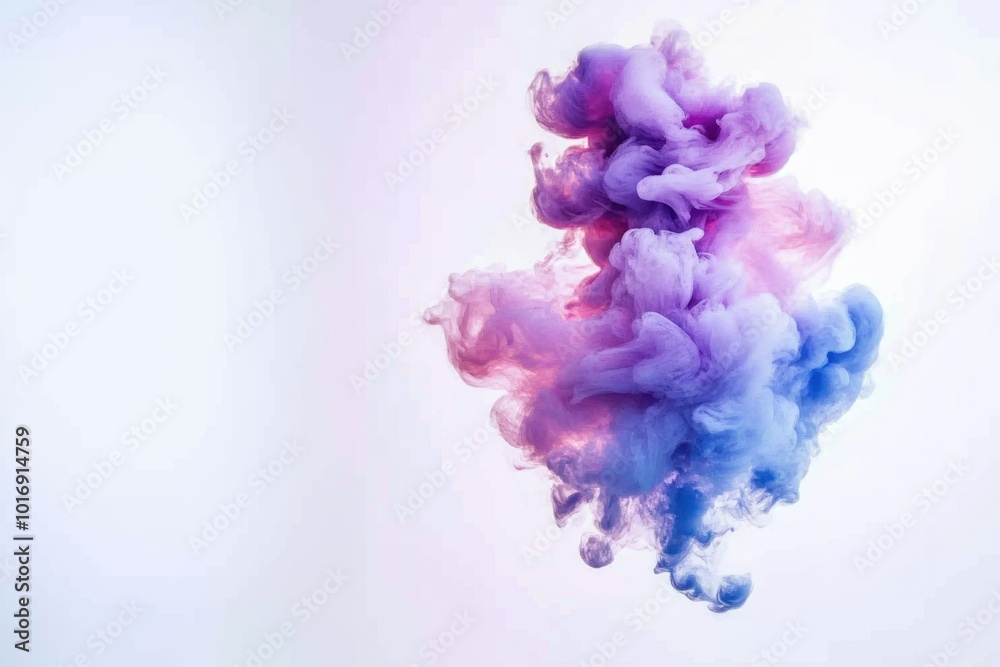 Acrylic color pigment and ink cloud in water. Abstract smoke on white background with copy space. Fancy dream cloud of ink underwater. Purple, blue and pink 