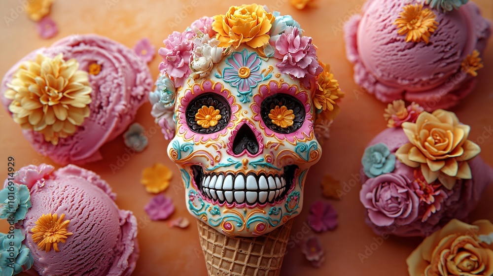 Vibrant sugar skull ice cream cone perfect for Day of the Dead (Dia De Los Muertos) celebrations. Ideal for events promoting Mexican culture, festivals, and sweets. Vibrant sugar skull ice cream cone perfect for Day of the Dead (Dia De Los Muertos) celebrations. Ideal for events promoting Mexican culture, festivals, and sweets.
