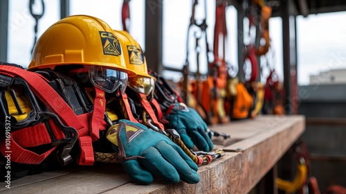 Safety gear displayed on a construction site: hard hats, harnesses, gloves, and safety glasses