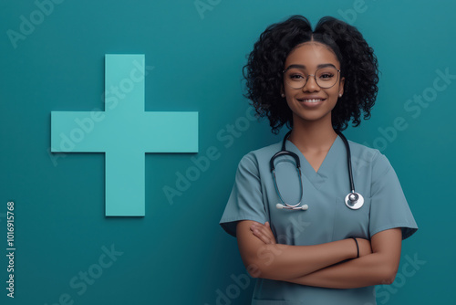 A woman wearing a blue scrubs shirt and glasses stands in front of a green cross