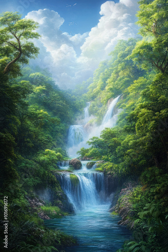 Lush green landscape featuring majestic waterfalls cascading through a serene forest under a bright blue sky
