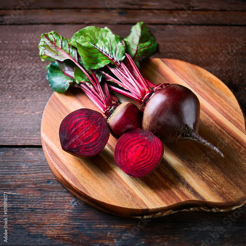 Red beetroot and beetroot cross sectoin on a wooden cutting board, isolated against a wooden background photo