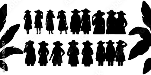 Set of Black Silhouettes of Plus-Size Women Holding Sun Hats in Summer Outfits