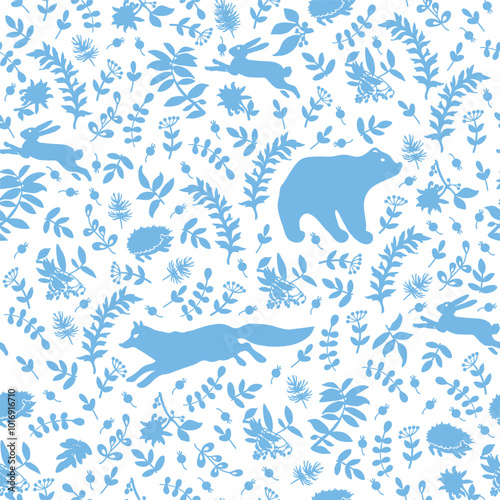 Forest seamless pattern with animals 