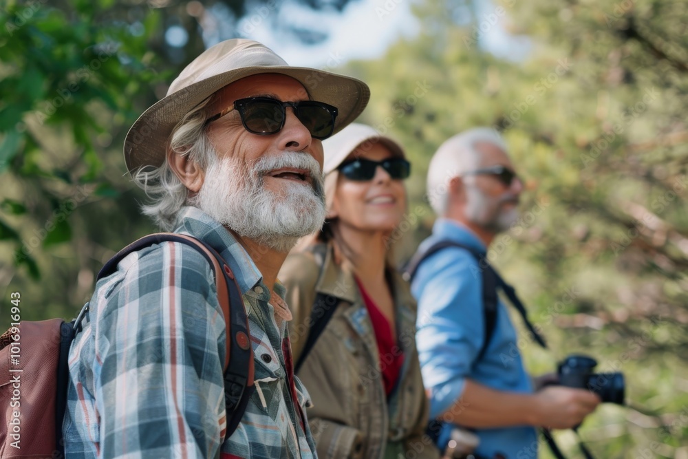 selective focus of senior man in hat and sunglasses looking at camera while standing with friends in forest selective focus of senior man in hat and sunglasses looking at camera while standing with friends in forest