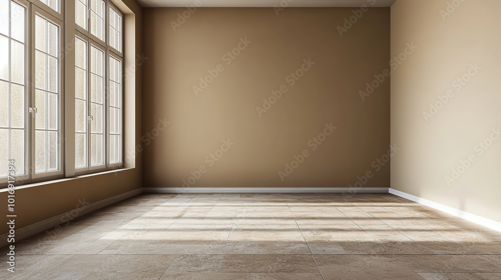 Empty Room with Large Window and Beige Walls, Minimalist Interior Design Empty Room with Large Window and Beige Walls, Minimalist Interior Design