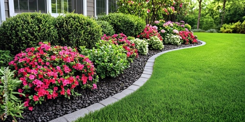 Fototapeta Naklejka Na Ścianę i Meble -  Beautiful backyard garden featuring bright yellow, pink, and red flowers, manicured green lawn, and neat mulch
