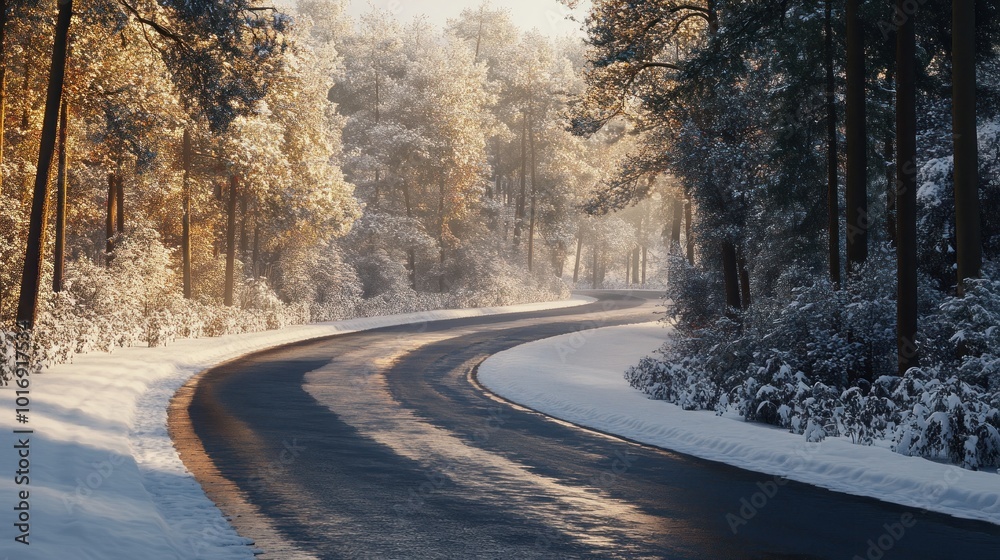 Obraz premium A winding road through a serene, snow-covered forest in soft morning light.