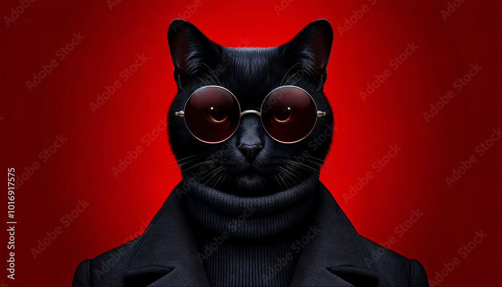 Sophisticated black cat in sunglasses against a bold red background, exuding mystery and style. Sophisticated black cat in sunglasses against a bold red background, exuding mystery and style.