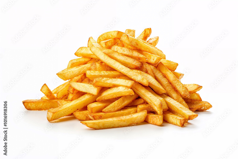 Golden crispy French fries piled against a clean white background. Golden crispy French fries piled against a clean white background.