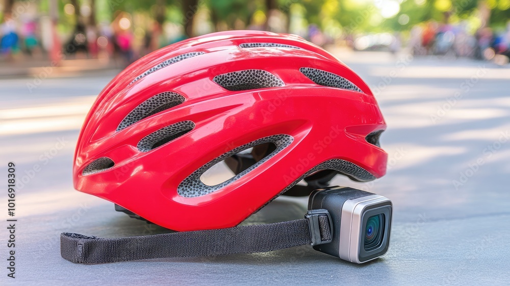 Obraz premium Vibrant Red Bicycle Helmet with Camera Mount