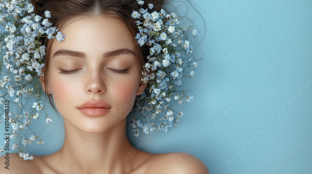 Serene woman with flower crown in soft light, beauty portrait Serene woman with flower crown in soft light, beauty portrait