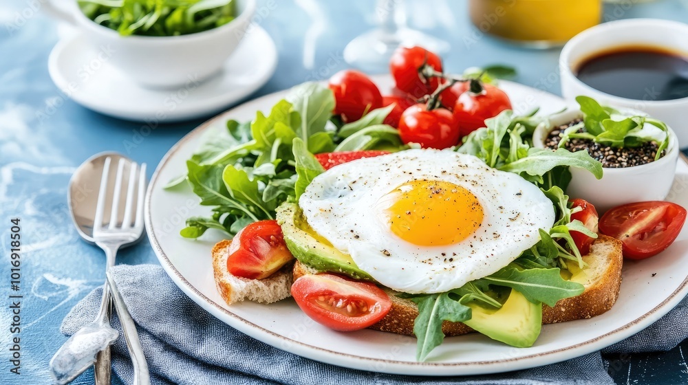 Fresh Breakfast with Fried Egg and Vegetables Fresh Breakfast with Fried Egg and Vegetables