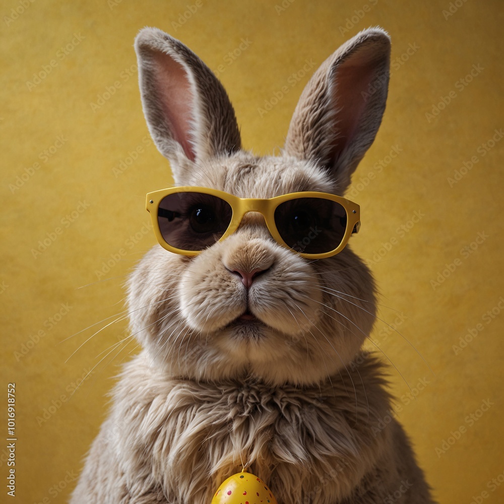 A easter bunny with cool sunglass standing in front of solid one color background A easter bunny with cool sunglass standing in front of solid one color background