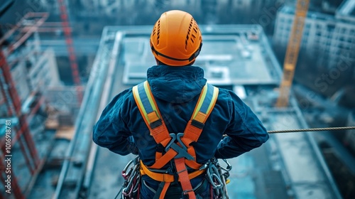 Worker at height wearing safety gear, including harness and helmet, with visible safety measures and precautions on site