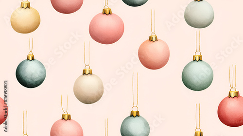 Delicate watercolor Christmas tree ornaments in soft pastel colors, arranged on a light background, minimalist style, seamless pattern Great for children's book illustrations, Educational materials