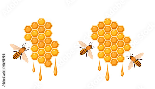 Honeycombs with honey and bees. The theme of production and sale of honey, natural and ecological food product. Vector illustration for advertising banner, for honey trademark.
