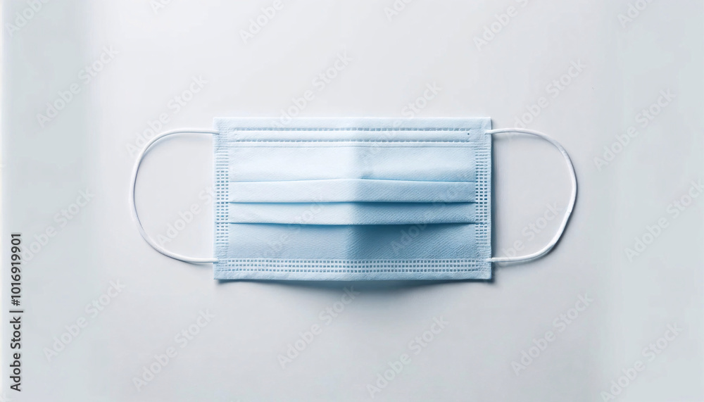 Blue disposable face mask on a plain white background, emphasizing cleanliness and safety. Blue disposable face mask on a plain white background, emphasizing cleanliness and safety.